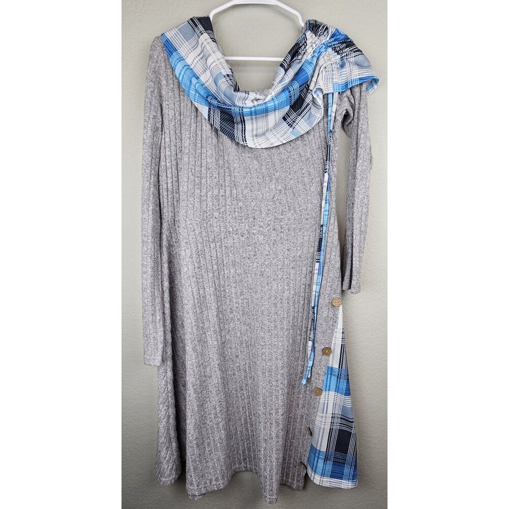 Dressfo Women's XXL 2XL Soft Gray Dress Tunic Blue & White Plaid Cowl Neck